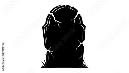Bilde på lerret Cracked Gravestone Silhouette: A somber silhouette of a cracked gravestone stands in grass, evoking themes of finality, remembrance, and the passage of time