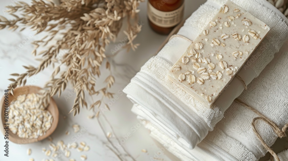 Fototapeta premium Rolled organic cotton towels with oats on a marble surface