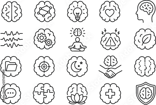 Brainstorming Creativity Thin Line Icon Set for Ideas, Innovation, Mind and Thinking Process Vector Graphics