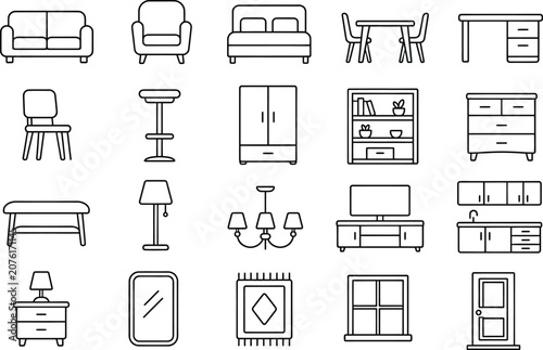 Furniture Interior Thin Line Icon Set for Home, Office, Living Room and Modern Interior Design Vector Graphics