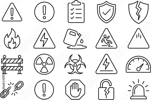 Safety Warning Thin Line Icon Set for Hazard, Alert, Risk, Emergency and Protection Vector Graphics