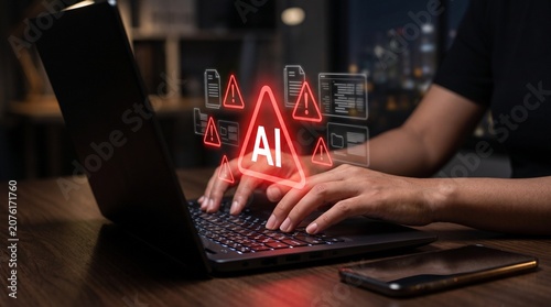 Hands typing on laptop with AI warning icons. Digital security alert on screen. Cyber threat concept.