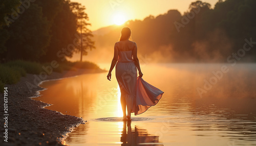 Young woman in a serene mood walking in water at sunrise with a foggy background
