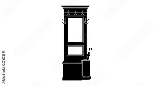 Tablou pe pânză Hall Stand with Mirror and Umbrella Holder: A silhouette of a classic hall stand featuring a mirror, coat hooks, and an umbrella holder, representing entryway furniture
