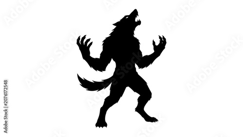 Tablou pe pânză Werewolf Silhouette Roaring: A black silhouette of a fearsome werewolf stands on its hind legs, arms outstretched in a primal roar, embodying raw power and primal instinct