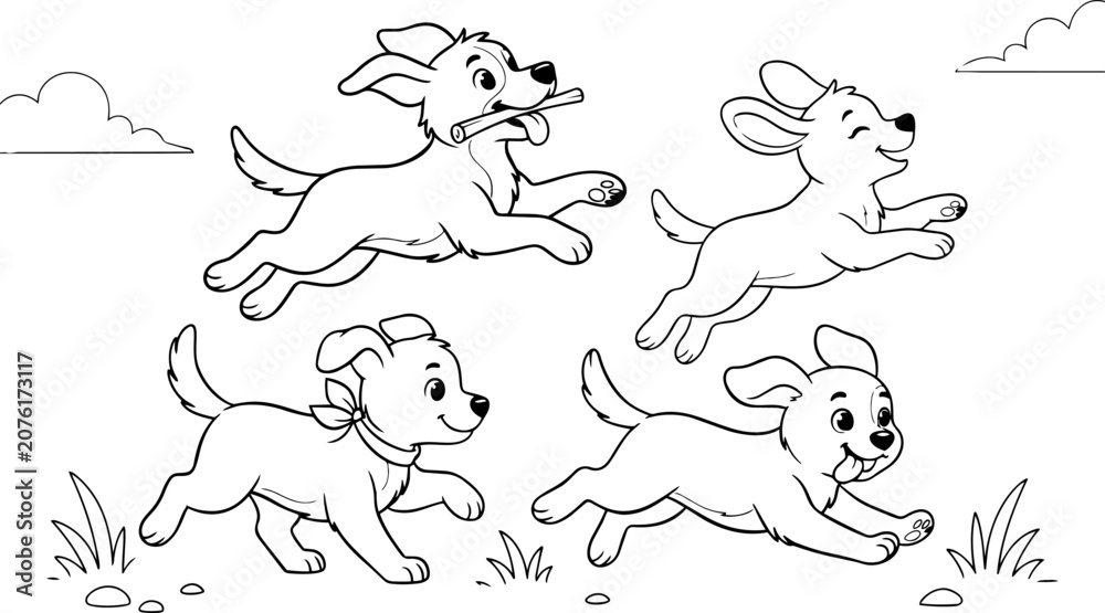 Obraz premium Four joyful puppies running in a field with a bone during a sunny day concept