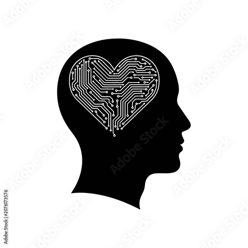 Black silhouette of human head with heart shaped circuit board.