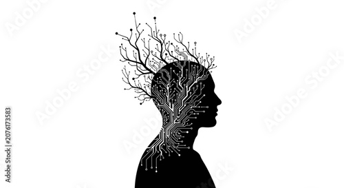 Black silhouette of human head with tree.