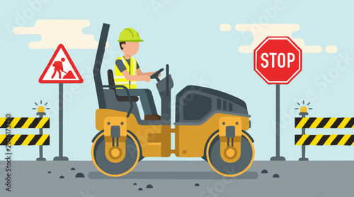 Photography Construction Worker Operating a Road Roller with Warning Signs