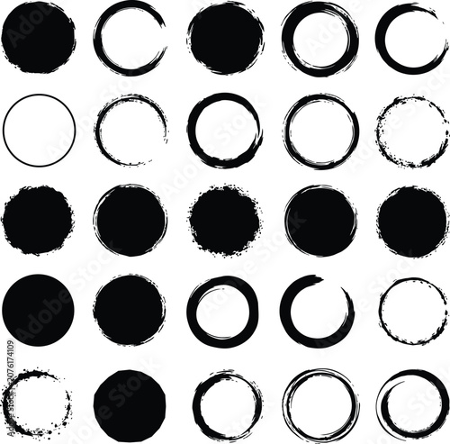 Black Ink Brush Stroke Circles Set | Grunge Round Frames and Paint Marks