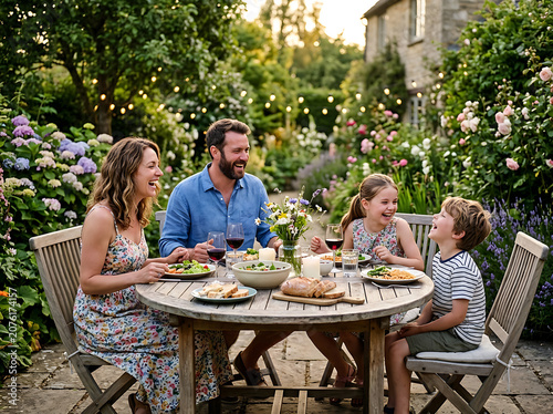 A family of four enjoying a meal together in a beautiful garden setting outdoors