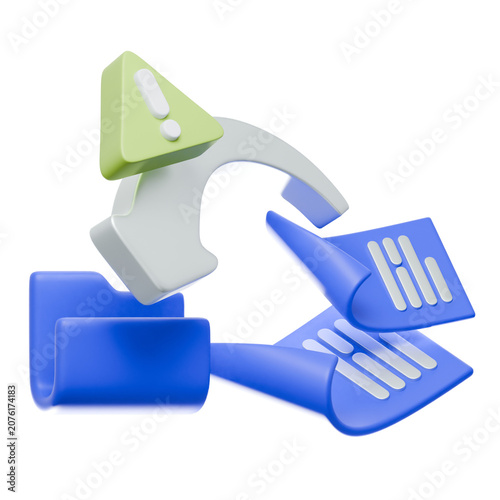 3D Security Folder Icon with Warning Sign and Leaking Documents
