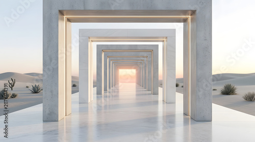 Minimalist architectural corridor with concrete arches in a desert landscape at sunset, 3d rendering of a modern surreal hallway