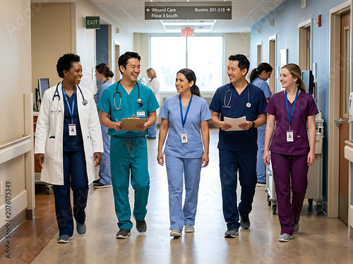 Smiling medical professionals walking down a hospital corridor, discussing patient care