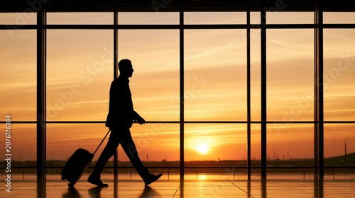 Businessman walking through airport at sunset with luggage