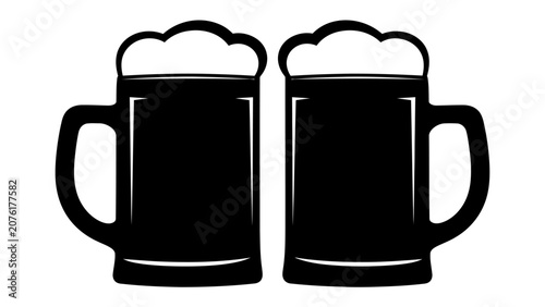 Fotografi Two Mugs of Beer Silhouetted: Two dark silhouette beer mugs with frothy white foam heads stand side by side against a light background