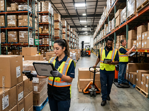 Diverse warehouse workers using tablets for inventory management in a large storage facility