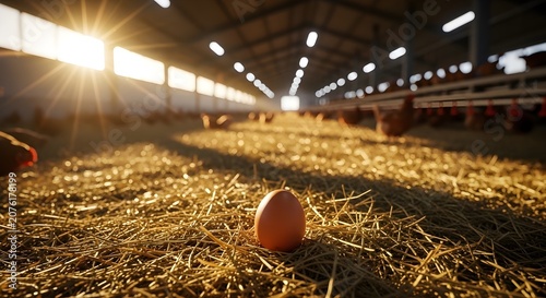 Fresh Brown Chicken Egg on Straw Bedding Inside Poultry Farm at Sunrise