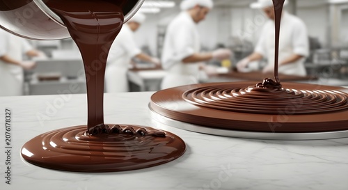 Pouring Liquid Melted Chocolate on Marble Table in Professional Confectionery Factory