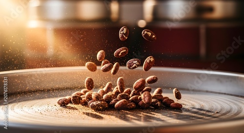 Roasted Cocoa Beans Falling and Bouncing On Industrial Rotating Tray with Dust Particles