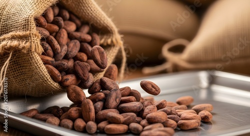 Raw Cocoa Beans Spilling From Burlap Sack Onto Metal Tray