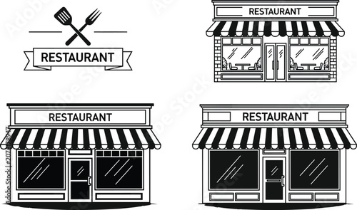 Foto Restaurant storefront vector template set featuring linear cafe building facades
