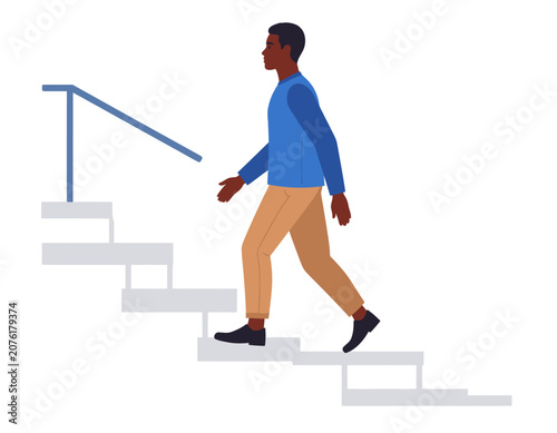 Man walking up a flight of stairs outdoors. Career progression, active lifestyle, and daily commute concept. Flat vector illustration.