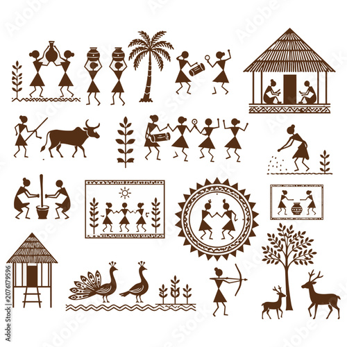 Indian Warli Folk Art Elements and Tribal Culture Collection Flat Vector Illustration