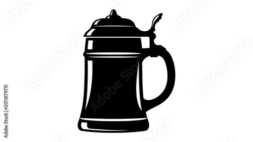 Fotografie Beer Stein Silhouette: A classic black silhouette of a traditional beer stein, complete with a hinged lid and sturdy handle, evoking a sense of German heritage and pub culture