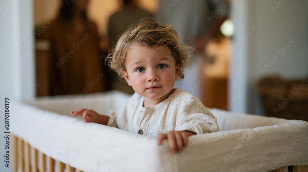 Fototapeta premium Toddler peering over edge of infant bassinet with mixture of curiosity and suspicion while parents watch from doorway, small hand extended toward sleeping baby, the pivotal moment