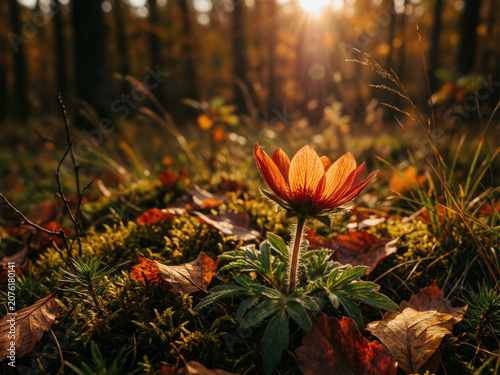 Fleur sauvage rouge orangé s'épanouissant sur le sol d'une forêt au coucher du soleil doré, atmosphère magique de la nature sauvage