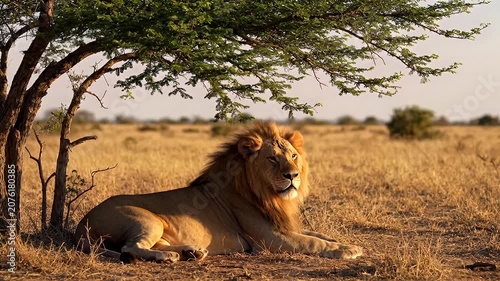 Majestic Adult Male Lion Resting Under the Shade of an Acacia Tree in the Golden Savanna Grassland of the African Wilderness