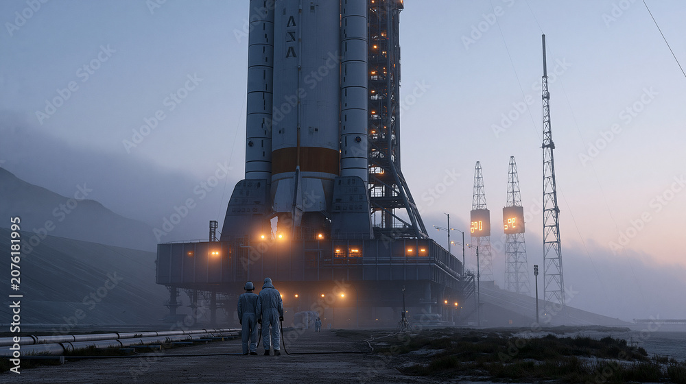 Fototapeta premium Ground crew technicians in safety gear perform final fuel line inspections beneath a towering orbital rocket on launch pad, predawn fog rolling across the coastal facility,