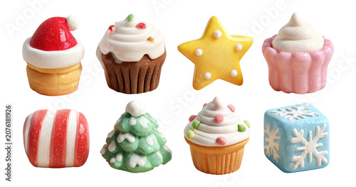 Colorful Christmas Theme Cupcakes and Desserts on Transparent Background