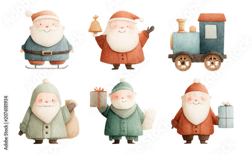 Festive Santa Characters with Colorful Train in Watercolor Style Isolated Background