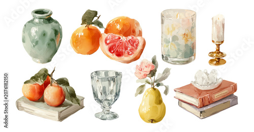 Vibrant Still Life Elements with Fruits, Glassware, and Decorative Items