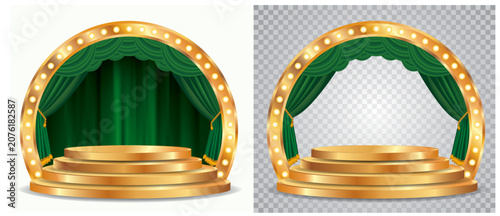 vector green podium on circle stage with green curtain 