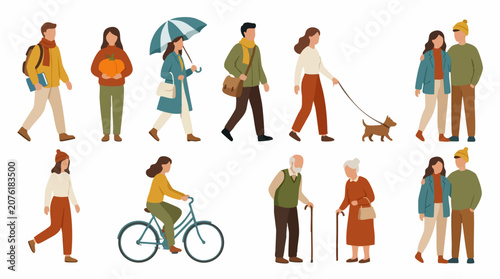 Diverse people in autumn clothing engaging in various daily activities, flat illustration
