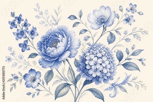 Blue floral bouquet illustration on cream background