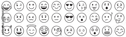 Fotografie A collection of various hand-drawn outline emoji icons, including different facial expressions and emotions, isolated on a clean white background