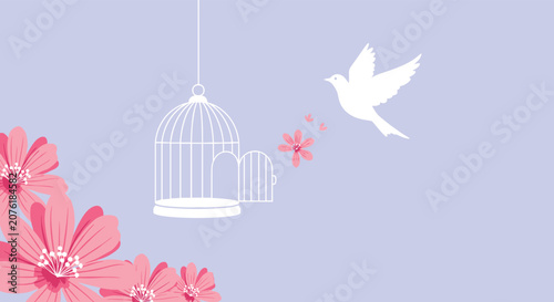 Poetic illustration of a white bird flying out of an open cage towards freedom over a background of large pink flowers on a soft purple field.