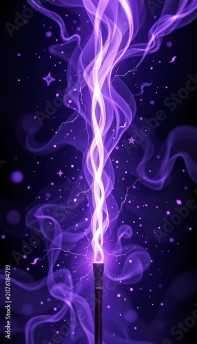 Dark magic background with purple light streaks emitting from a sorcerer wand