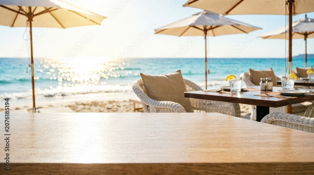Naklejka premium Beachside Restaurant Tables with Ocean View at Sunset for Travel Marketing