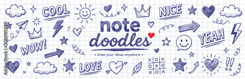 Photos A collection of hand-drawn doodle elements including hearts, stars, clouds, crowns, arrows, and speech bubbles with text like COOL, NICE, WOW, and LOVE