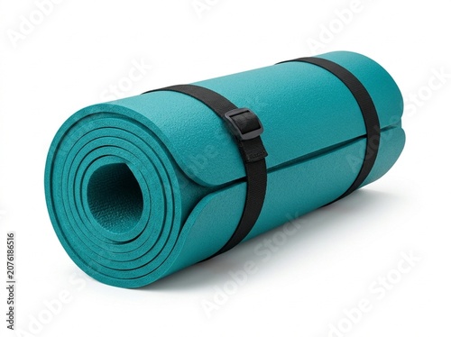 Teal Rolled Yoga Exercise Mat with Black Carry Strap on White Background