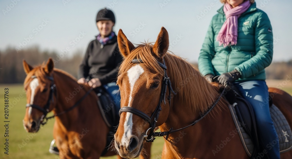 Obraz premium Equestrian activity with two riders on horseback in scenic pasture setting. Enjoyable horseback riding experience promotes outdoor adventure among equestrians and nature lovers.