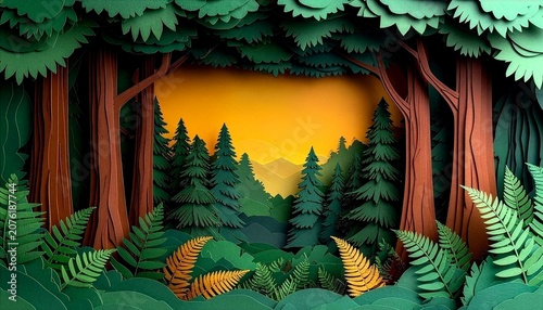 Paper cut forest background with trees and ferns