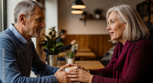 Elderly couple enjoying conversation over coffee at café table, sharing moments with smiles and laughter. Elderly companions interact warmly in cozy setting, making memories together.