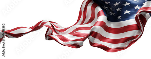 American flag ribbon pleated chiffon fabric flowing isolated on white background design for 4th of july America Independence day banner 3D render