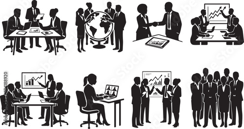 Global corporate business people black silhouettes collection featuring team meetings partnership handshake and market analysis vector set